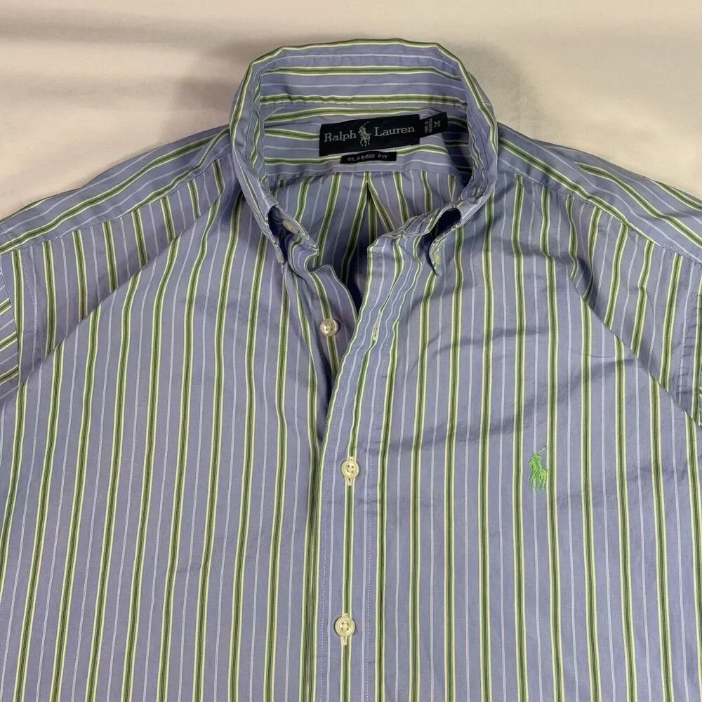 Ralph Lauren Polo Men M Button Up Shirt Blue Green Preppy Striped